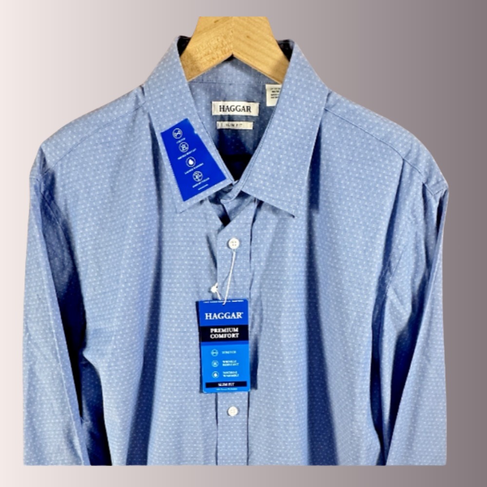 Haggar Mens Dress Shirt Premium Comfort BLUE 17-17.5(32/33) XL Slim Fit NWT